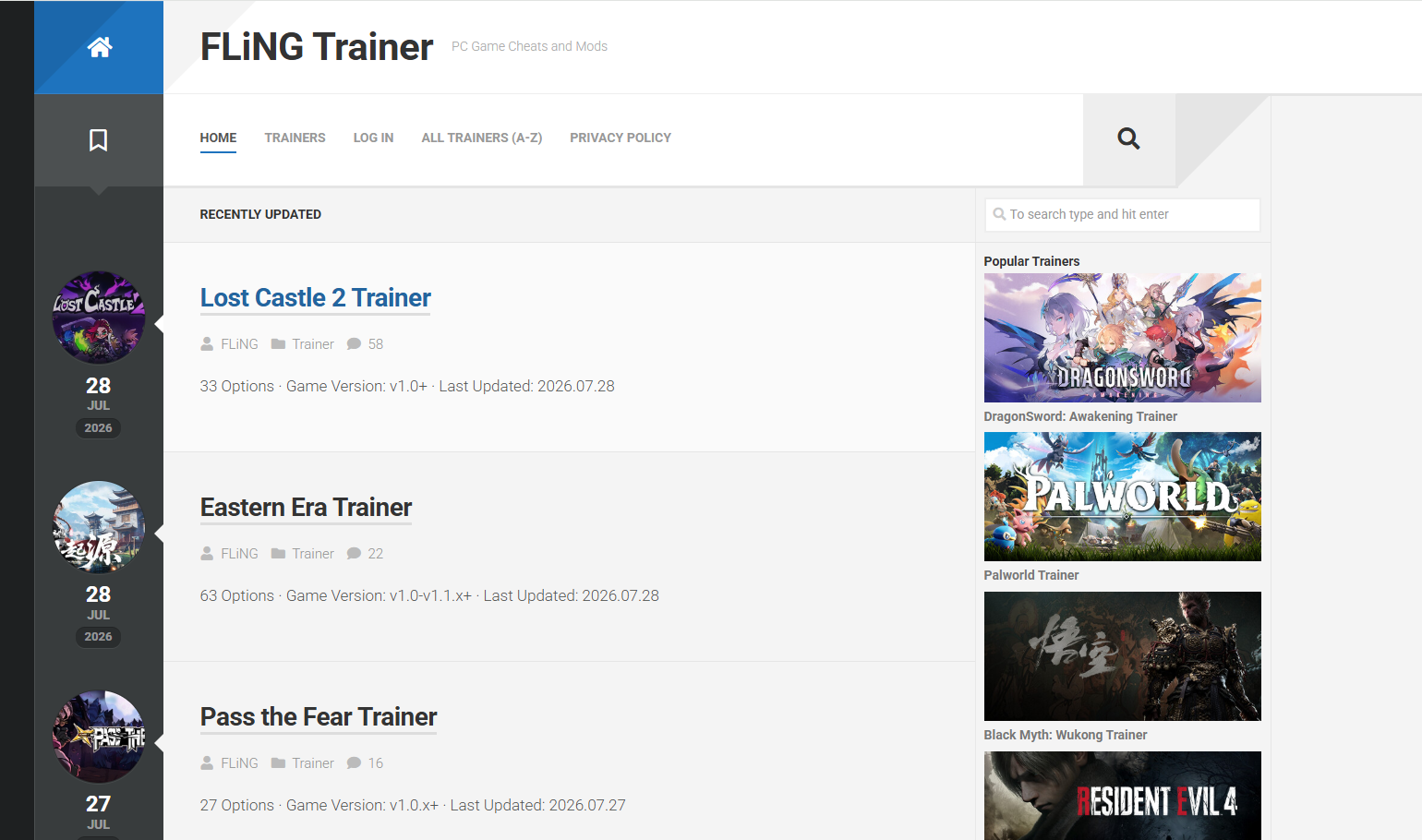 FLiNG Trainer 首页，展示英文游戏修改器列表和搜索导航