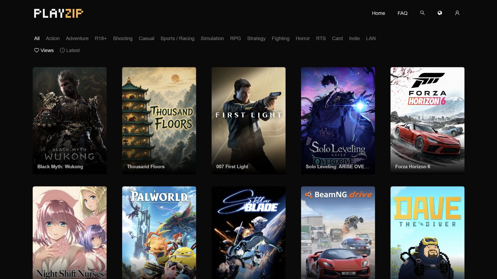 PlayZip 网站首页，展示英文 PC 游戏分类与封面列表