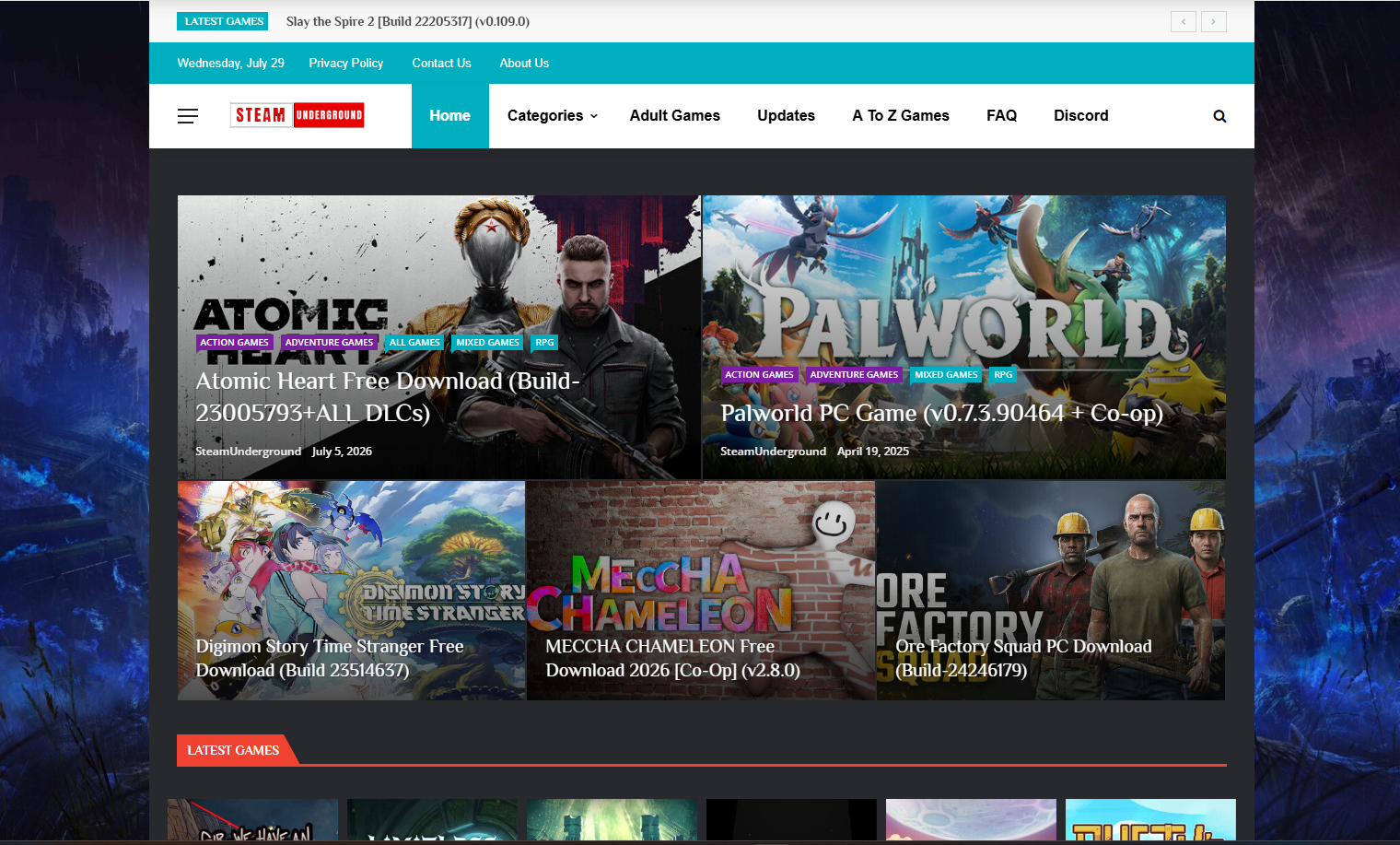 SteamUnderground 首页，展示英文游戏导航、Adult Games、FAQ 和最新预装游戏下载内容
